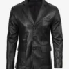 Mens Real Leather Three Button Black Blazer