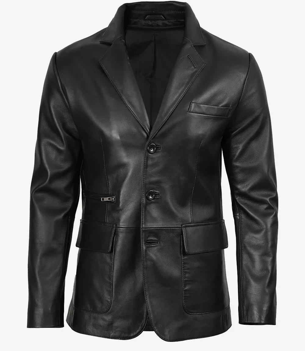 Mens Real Leather Three Button Black Blazer Mens Real Leather Three Button Black Blazer