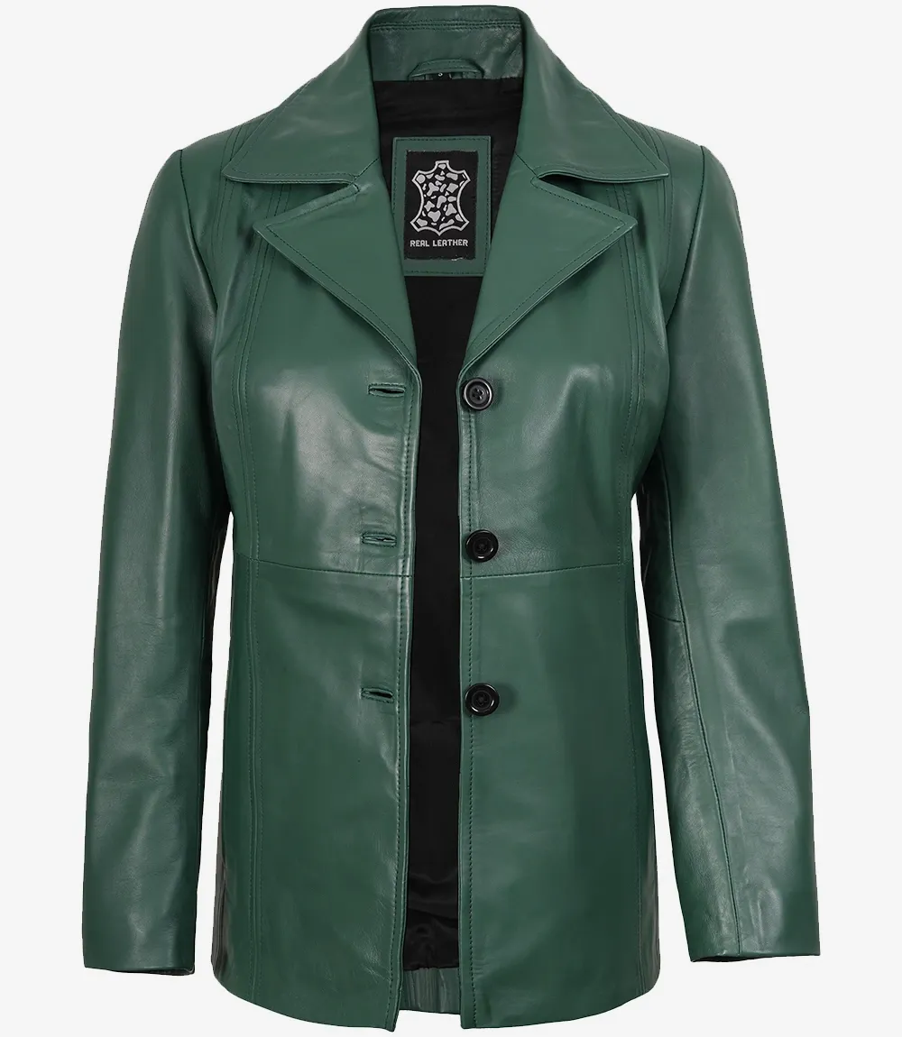 Womens Three Button Green Leather Blazer Womens Three Button Green Leather Blazer