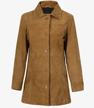 Women's 3/4 Length Button Down Brown Suede Coat