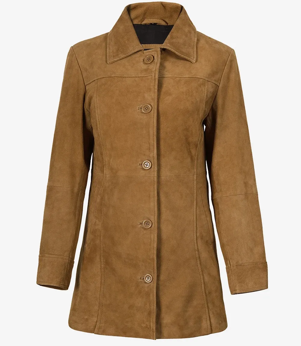 Women's 3/4 Length Button Down Brown Suede Coat Women's 3/4 Length Button Down Brown Suede Coat