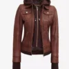 Tralee Women's Cognac Wax Bomber Leather Jacket With Removable Hood