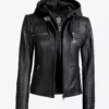 Women's Black Leather Jacket with Removable Hood