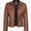 Helen Womens Cognac Leather Jacket with Removable Hood