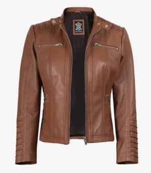 Helen Womens Cognac Leather Jacket with Removable Hood
