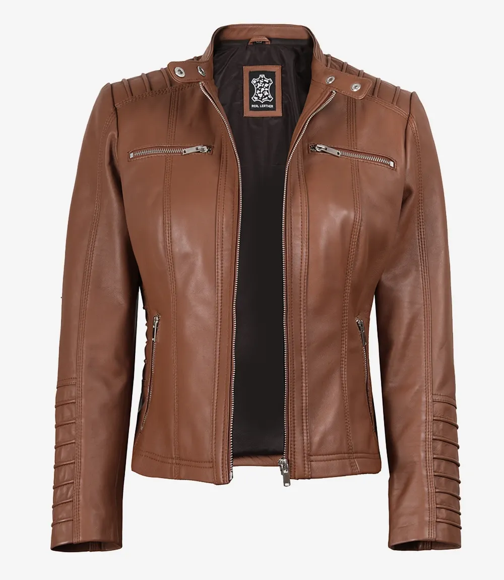 Helen Womens Cognac Leather Jacket with Removable Hood Helen Womens Cognac Leather Jacket with Removable Hood