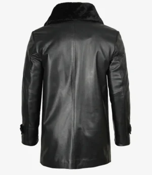 Men's Black Leather 3/4 Length Coat with Fur Collar