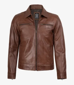 Men's Classic Shirt Collar Cognac Leather Jacket