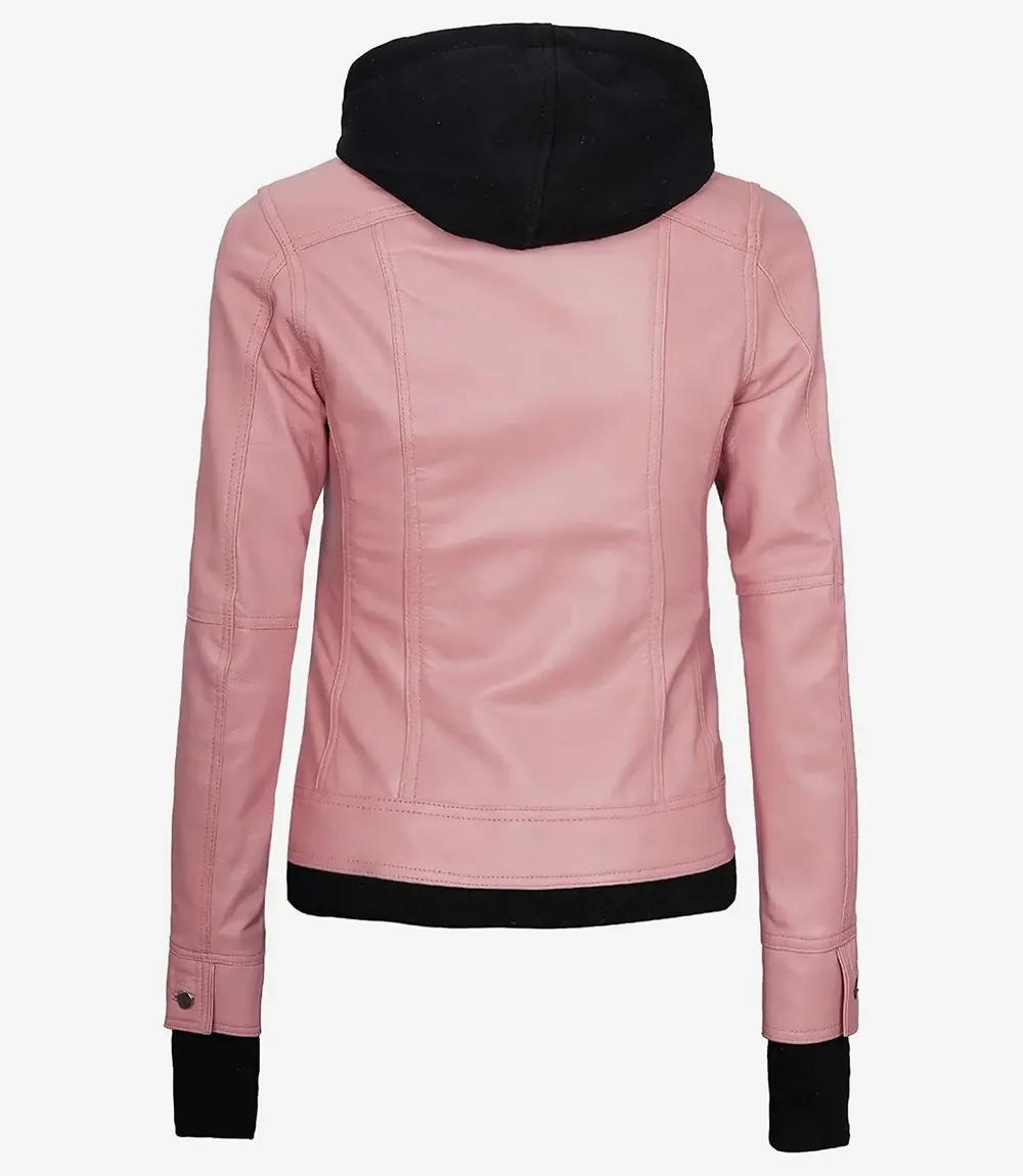 Womens Pink Bomber Leather Jacket with Removable Hood Womens Pink Bomber Leather Jacket with Removable Hood