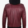 Men's Maroon Bomber Leather Jacket With Removable Hood