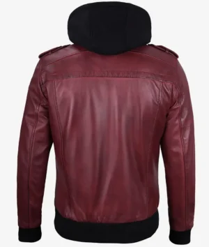 Men's Maroon Bomber Leather Jacket With Removable Hood