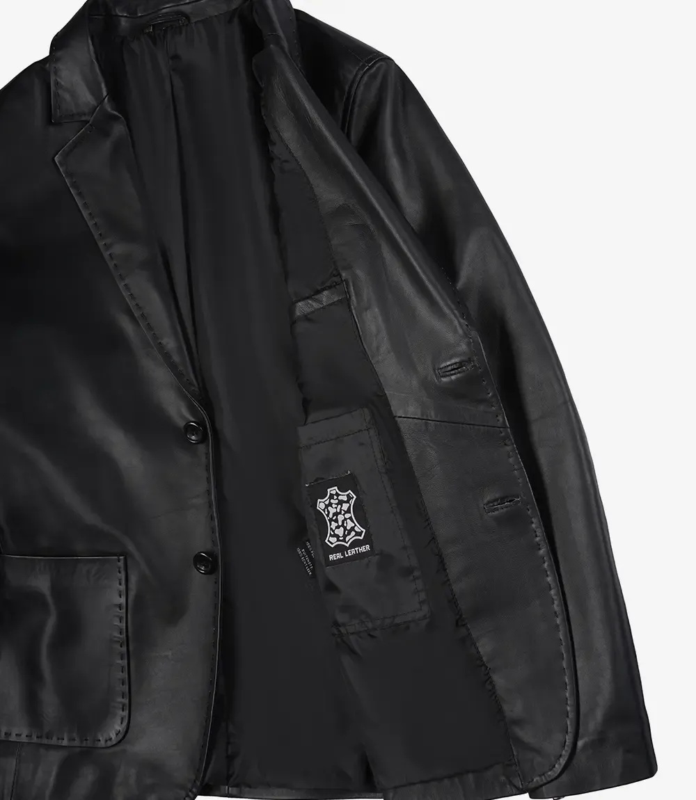 Mens Two Button Black Leather Blazer - Notch Lapel Mens Two Button Black Leather Blazer - Notch Lapel