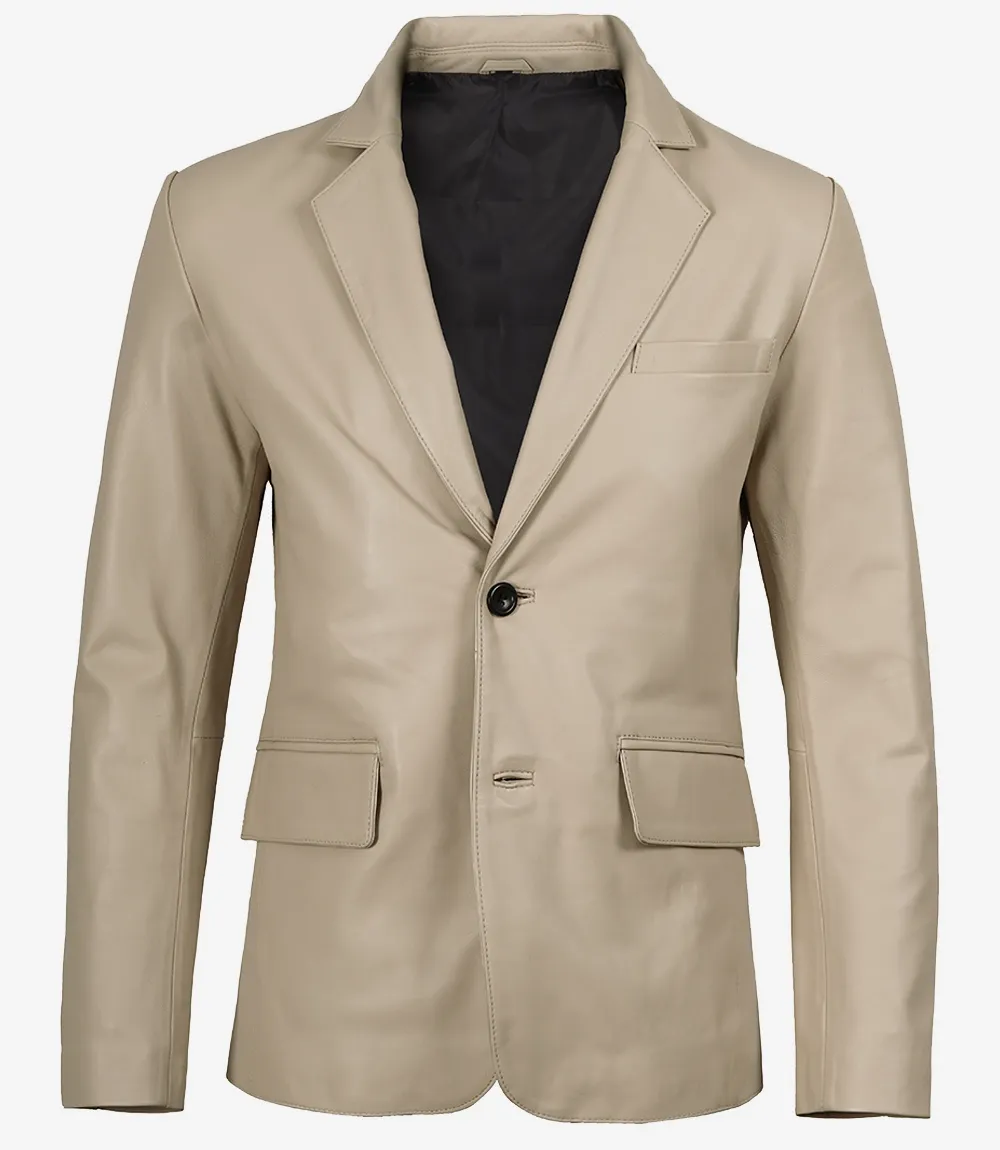 Mens Two Button Beige Leather Blazer - Notch Lapel Mens Two Button Beige Leather Blazer - Notch Lapel
