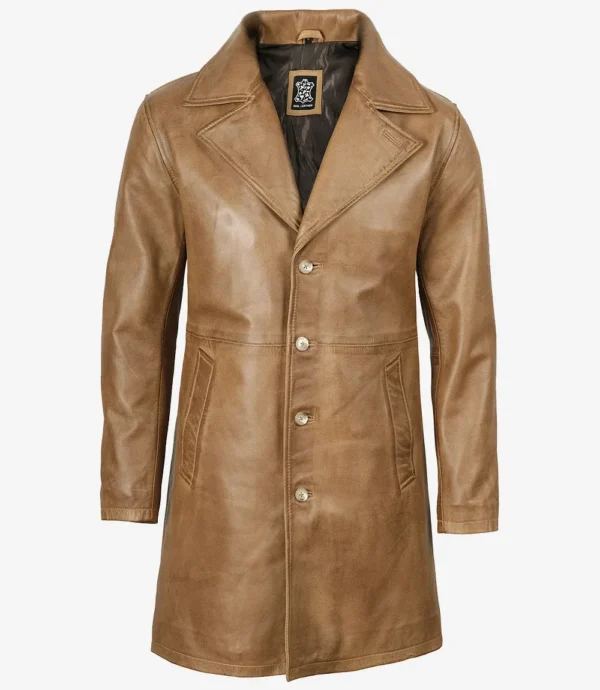 Mens Real Leather 3/4 Length Camel Brown Coat