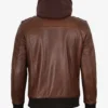 Mens Cognac Leather Bomber Jacket With Removable Hood