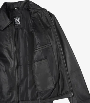 Mens Black Shirt Collar Cowhide Leather Jacket