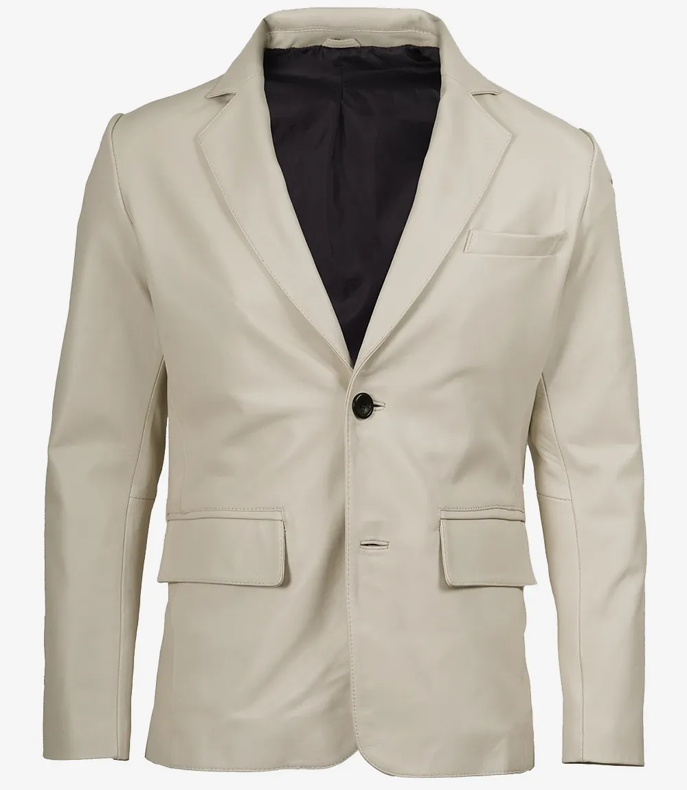 Men's Two Button Notch Lapel Off White Leather Blazer Men's Two Button Notch Lapel Off White Leather Blazer