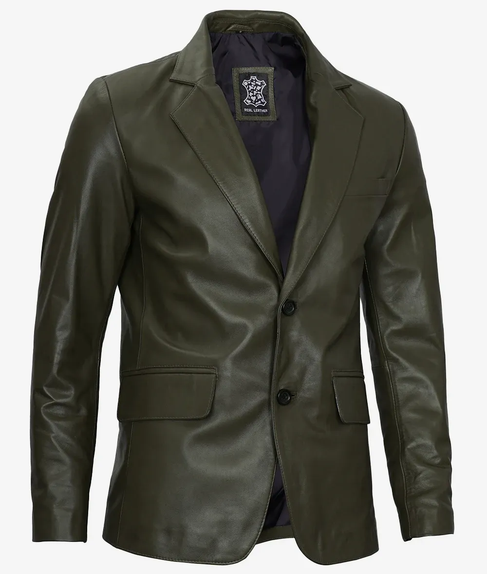 Mens Two Button Olive Green Leather Blazer Mens Two Button Olive Green Leather Blazer