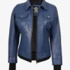 Womens Blue Bomber Leather Jacket With Hood