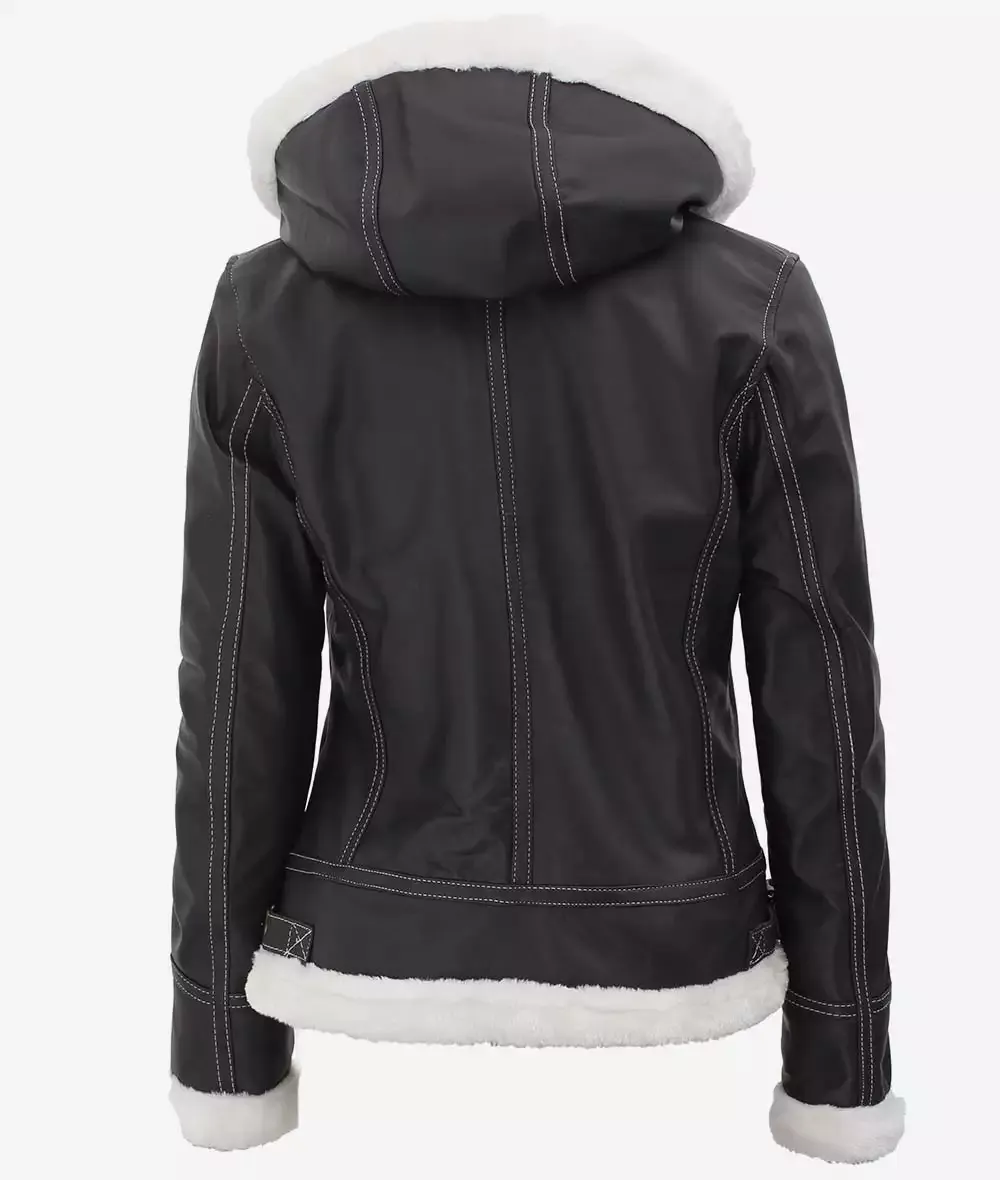 Women's Mary B3 Hooded Dark Brown Shearling Leather Jacket Women's Mary B3 Hooded Dark Brown Shearling Leather Jacket