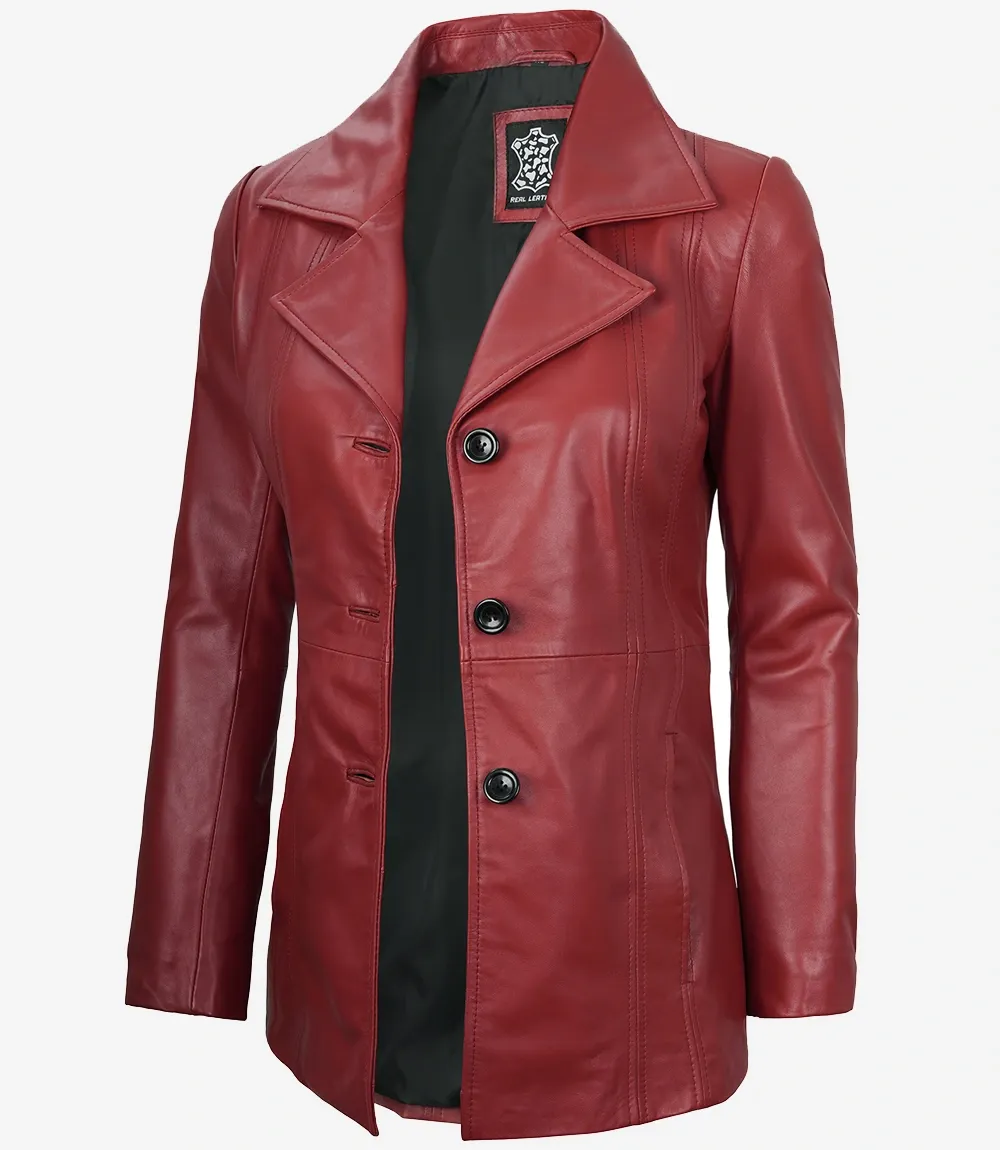 Womens Three Button Red Leather Blazer Womens Three Button Red Leather Blazer