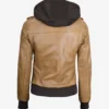 Womens Camel Brown Hooded Bomber Leather Jacket