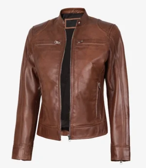 Women's Cognac Waxed Real Leather Biker Style Jacket