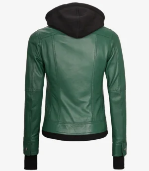 Womens Green Bomber Leather Jacket with Removable Hood