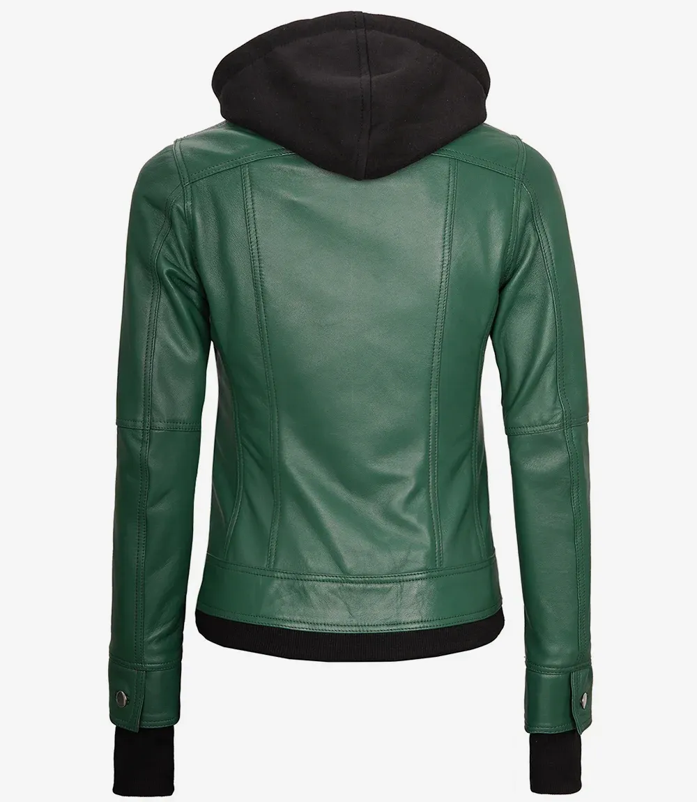 Womens Green Bomber Leather Jacket with Removable Hood Womens Green Bomber Leather Jacket with Removable Hood