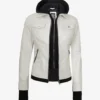 Womens Off White Bomber Leather Jacket with Removable Hood