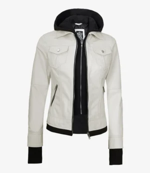 Womens Off White Bomber Leather Jacket with Removable Hood