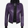 Womens Purple Bomber Leather Jacket - Removable Hood