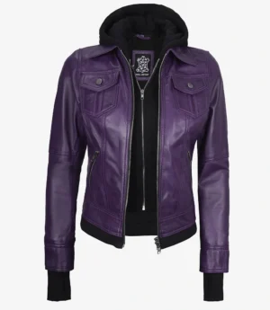 Womens Purple Bomber Leather Jacket - Removable Hood