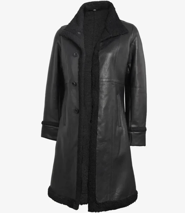 Women's 3/4 Length Black Leather Shearling Coat