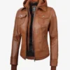 Tralee Women's Tan Waxed Bomber Leather Jacket With Detachable Hood