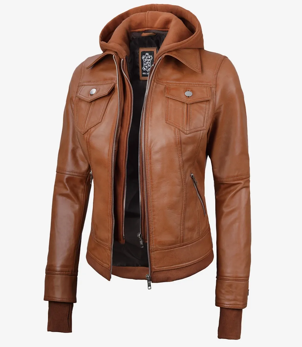 Tralee Women's Tan Waxed Bomber Leather Jacket With Detachable Hood Tralee Women's Tan Waxed Bomber Leather Jacket With Detachable Hood