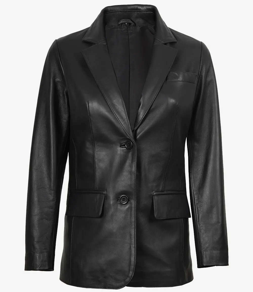 Womens Two Button Notch Lapel Black Leather Blazer Jacket Womens Two Button Notch Lapel Black Leather Blazer Jacket