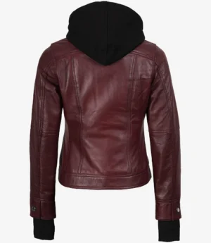 Womens Burgundy Bomber Leather Jacket With Removable Hood