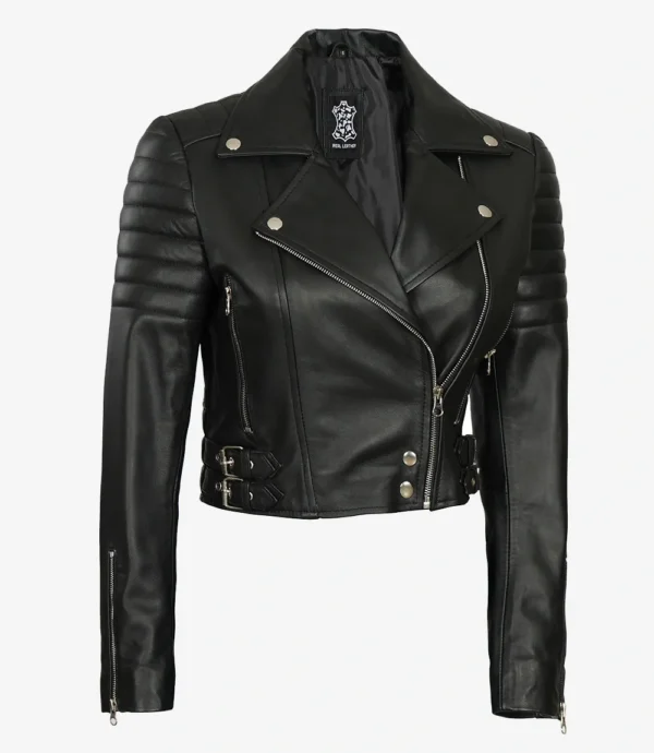 Women Asymmetrical Black Cropped Biker Style Leather Jacket
