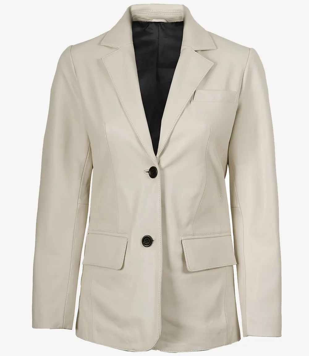 Womens Two Button Off White Leather Blazer Womens Two Button Off White Leather Blazer