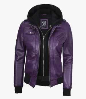 Womens Purple Bomber Leather Jacket with Removeable Hood