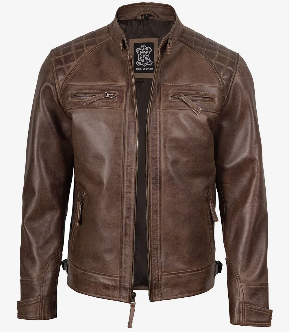 Men's Chocolate Brown Biker Style Leather Jacket - Quilted Shoulders