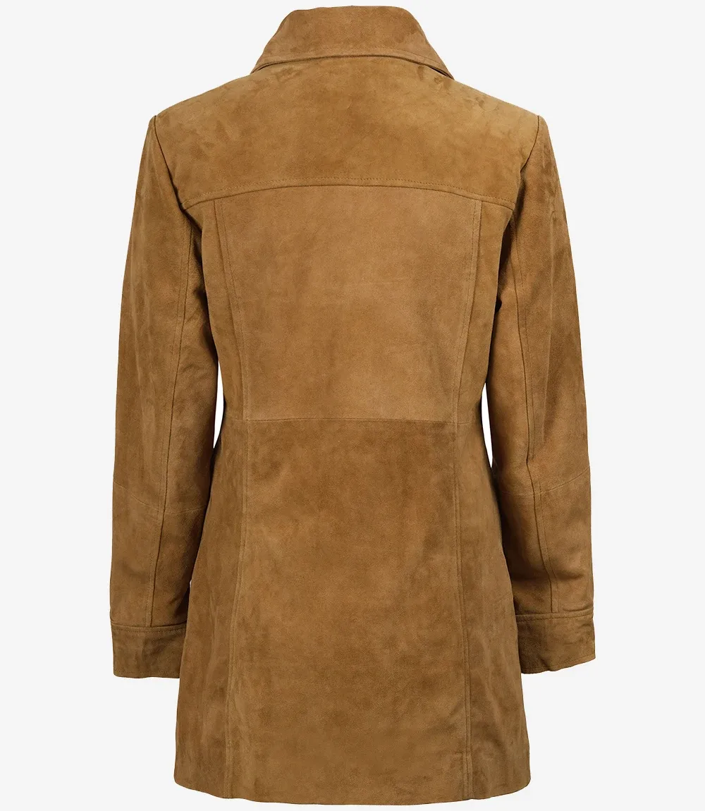 Women's 3/4 Length Button Down Brown Suede Coat Women's 3/4 Length Button Down Brown Suede Coat
