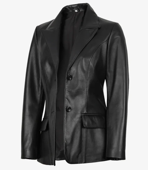 Women's Two Button Black Leather Blazer