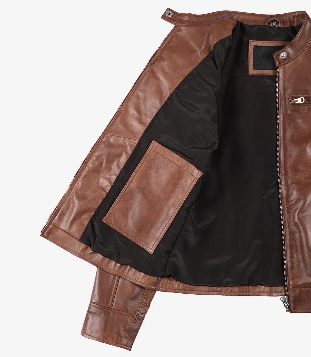 Women's Cognac Waxed Real Leather Biker Style Jacket Women's Cognac Waxed Real Leather Biker Style Jacket