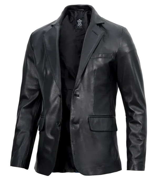 Mens Two Button Notch Lapel Black Leather Blazer