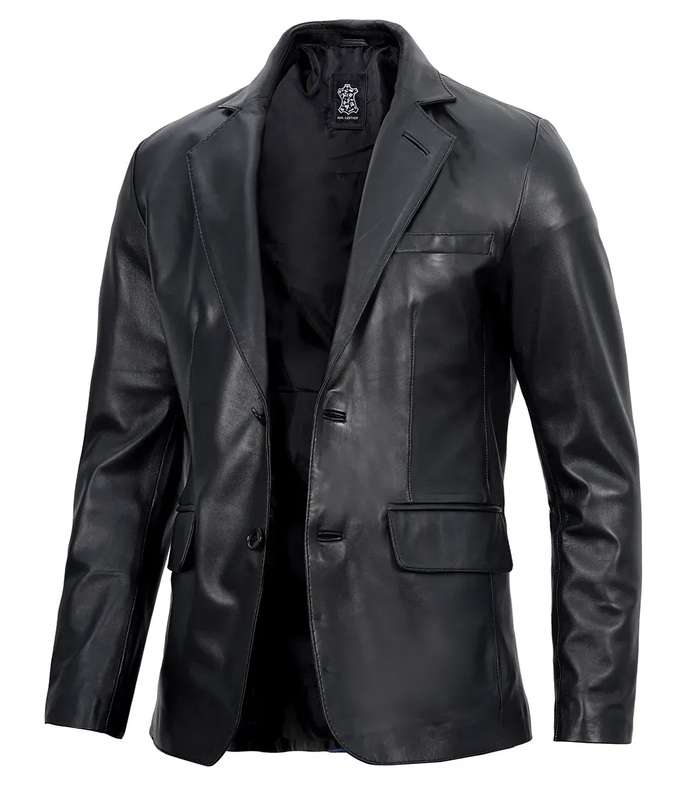 Mens Two Button Notch Lapel Black Leather Blazer Mens Two Button Notch Lapel Black Leather Blazer
