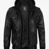 Mens Black Leather Bomber Jacket with Removable Hood