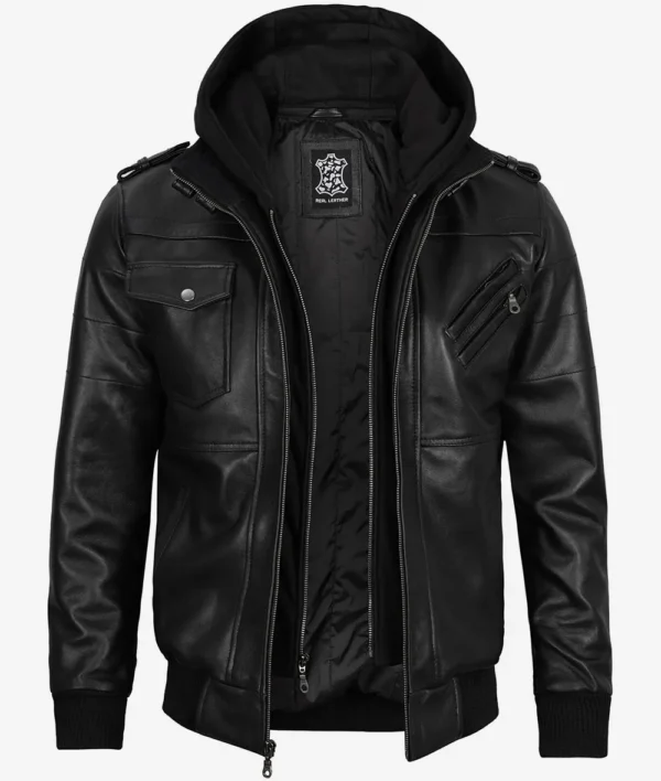 Mens Black Leather Bomber Jacket with Removable Hood