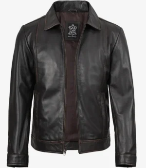 Mens Shirt Collar Classic Distressed Brown Leather Jacket
